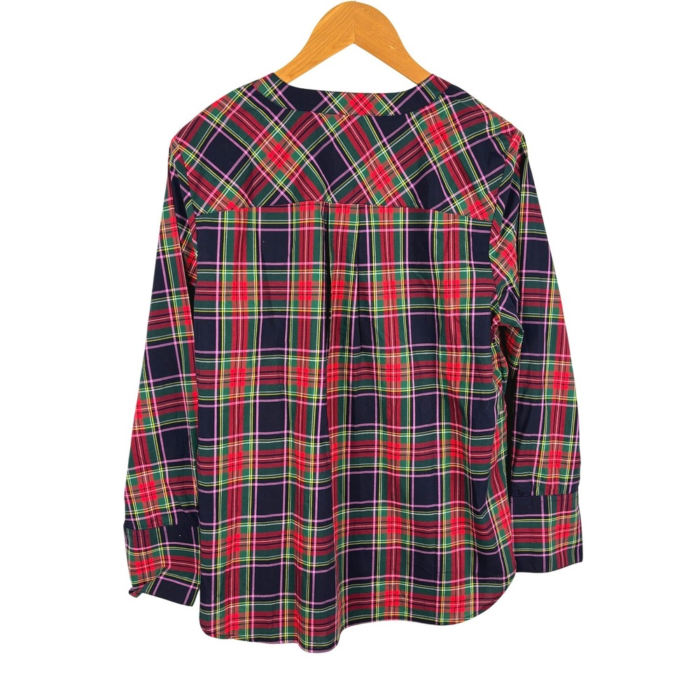 Talbots Women Long Sleeve Cotton Popover Blouse LP Red Festive Holidays Plaid - Picture 2 of 8